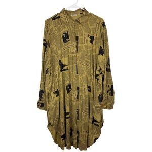 Belma Newspaper Print Shirt Dress Tan Black Rayon Oversized One Size Plus